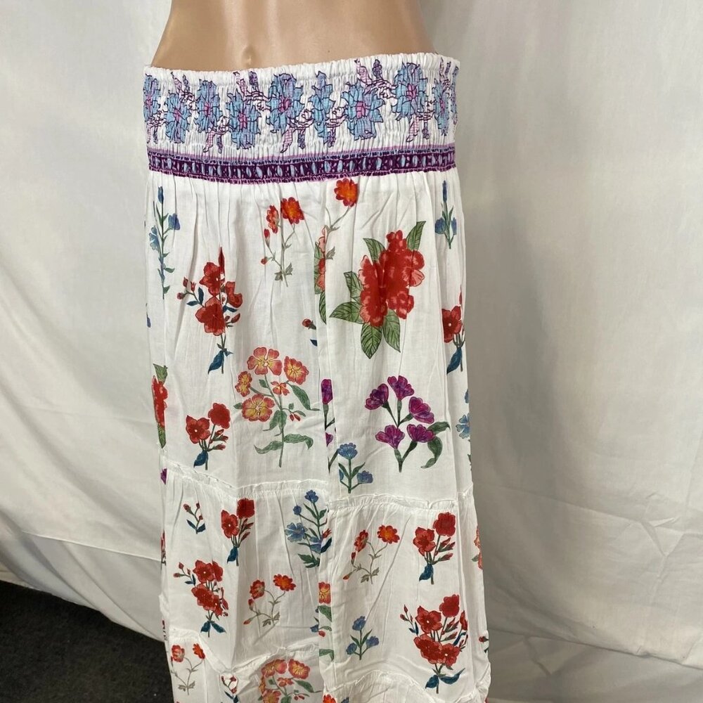NEW INDU NOUR Wild Flower Cotton Midi Skirt – White/Multicolor – Size L – NWT